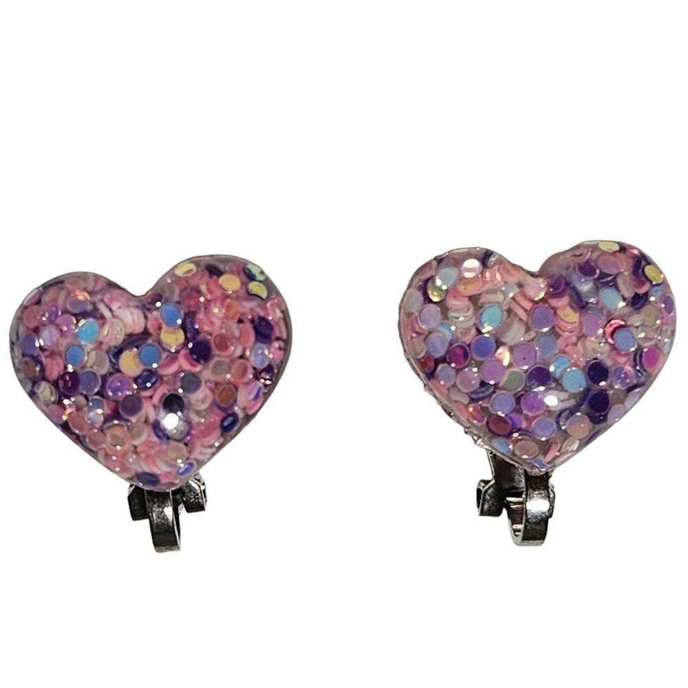Retro Heart Clip On Earrings 80s 90s Pink Purple Fashion Jewelry Valentines Day